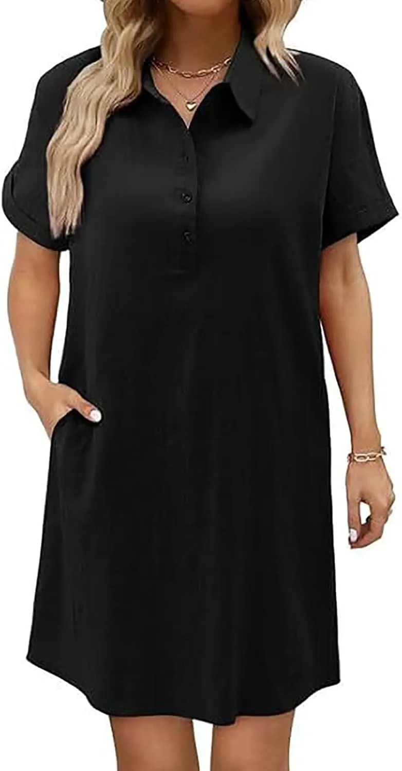 Women Short Sleeve Quarter Button Mini Shirt Dress Summer Baggy Short Sleeve Shift Tunic Dresses with Pockets
