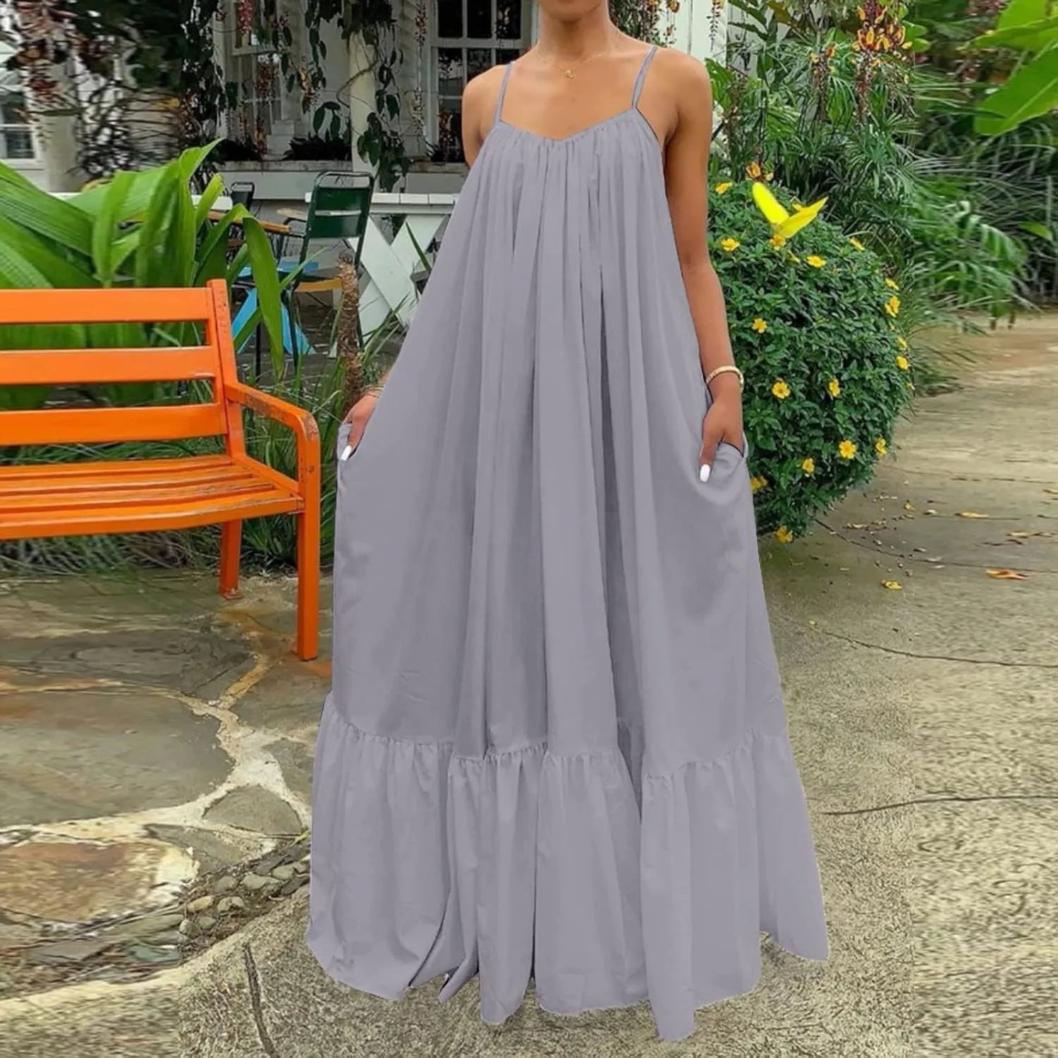 Women Spaghetti Strap Long Dresses Oversize Loose Sleeveless Hide Belly Ankle Length Flowy Swing Hem Maxi Dresses