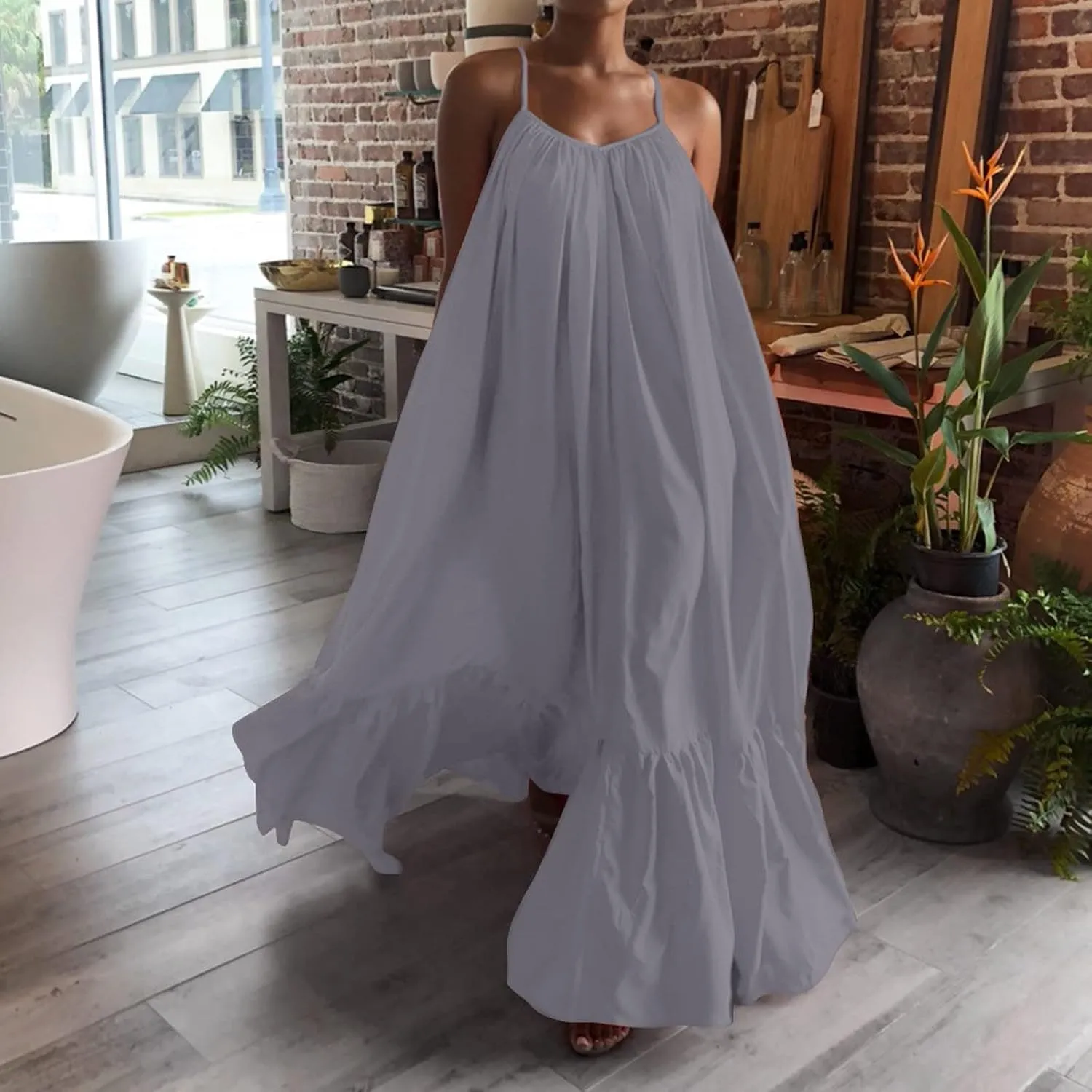 Women Spaghetti Strap Long Dresses Oversize Loose Sleeveless Hide Belly Ankle Length Flowy Swing Hem Maxi Dresses