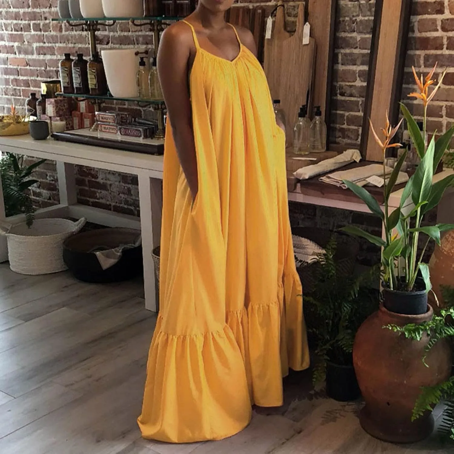 Women Spaghetti Strap Long Dresses Oversize Loose Sleeveless Hide Belly Ankle Length Flowy Swing Hem Maxi Dresses