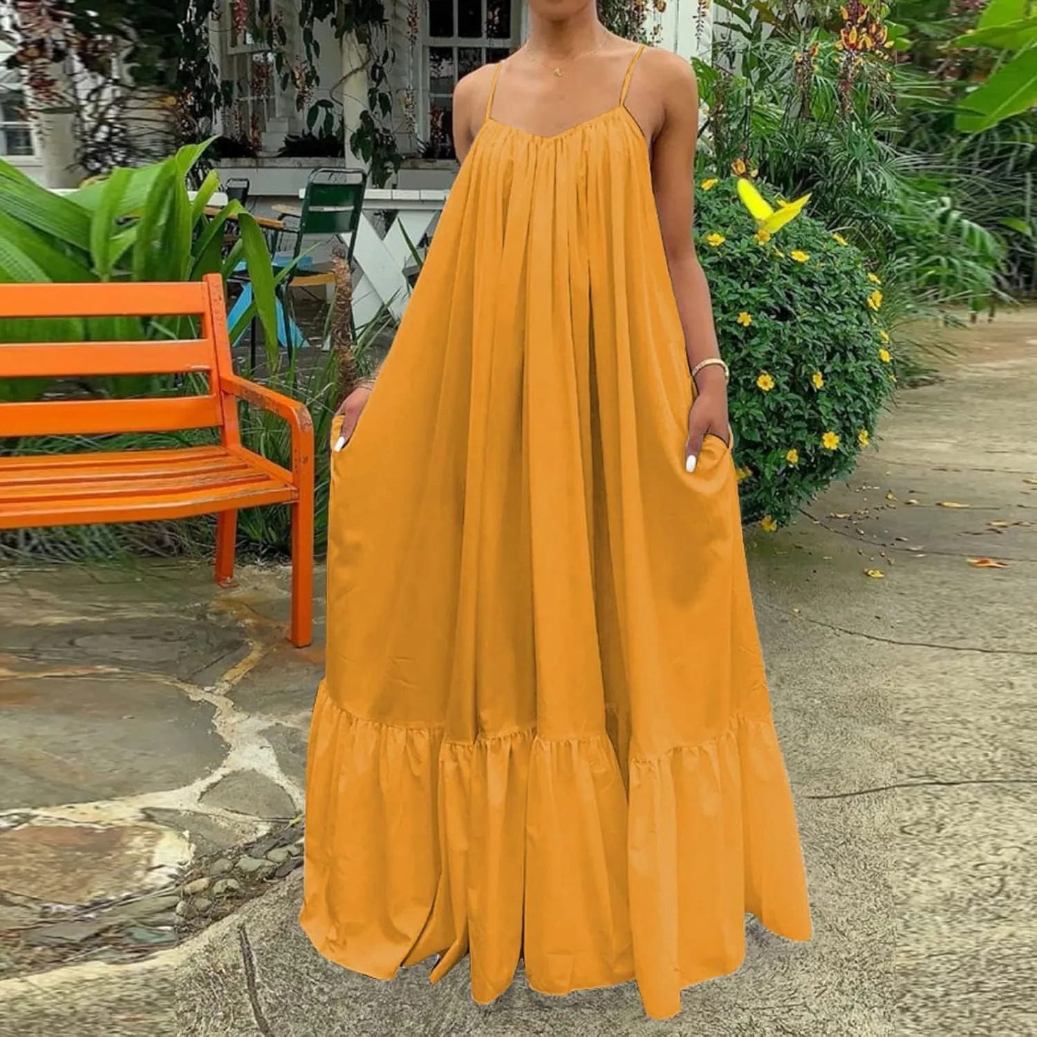 Women Spaghetti Strap Long Dresses Oversize Loose Sleeveless Hide Belly Ankle Length Flowy Swing Hem Maxi Dresses
