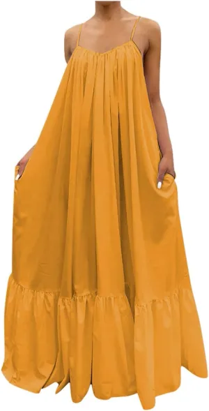 Women Spaghetti Strap Long Dresses Oversize Loose Sleeveless Hide Belly Ankle Length Flowy Swing Hem Maxi Dresses
