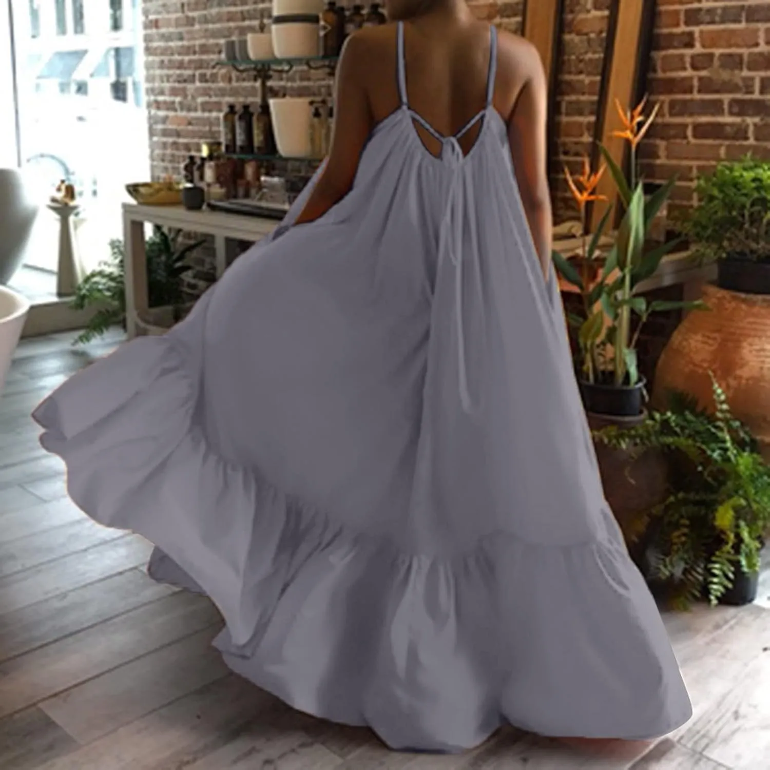 Women Spaghetti Strap Long Dresses Oversize Loose Sleeveless Hide Belly Ankle Length Flowy Swing Hem Maxi Dresses