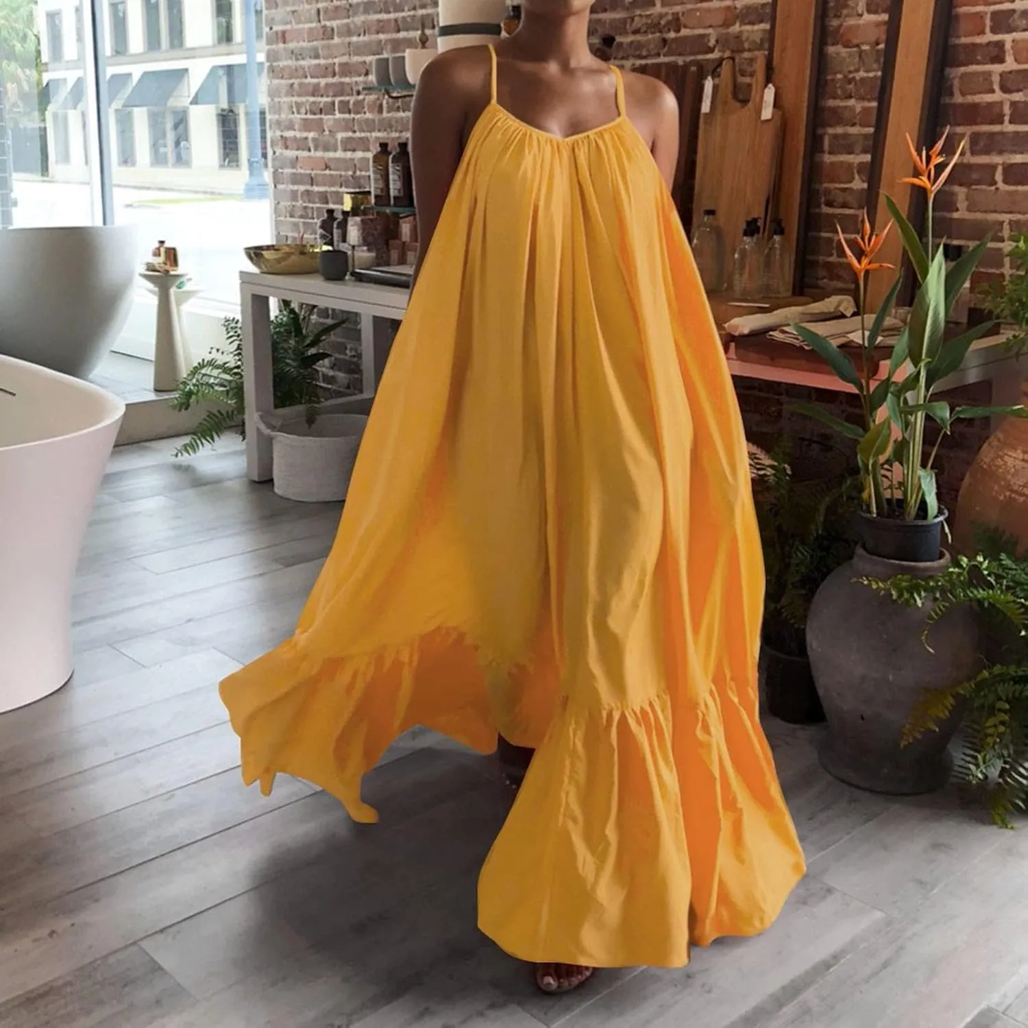 Women Spaghetti Strap Long Dresses Oversize Loose Sleeveless Hide Belly Ankle Length Flowy Swing Hem Maxi Dresses