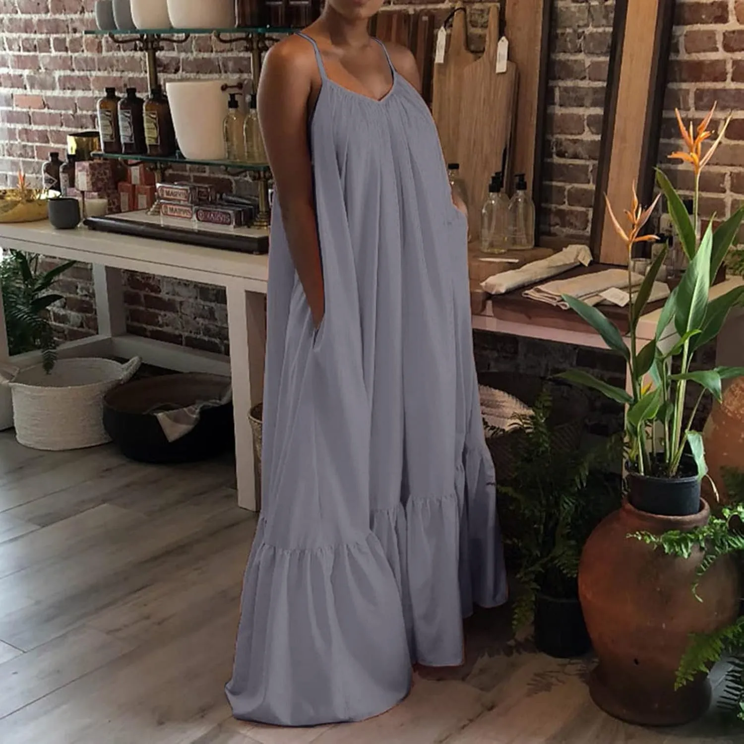 Women Spaghetti Strap Long Dresses Oversize Loose Sleeveless Hide Belly Ankle Length Flowy Swing Hem Maxi Dresses