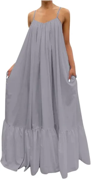 Women Spaghetti Strap Long Dresses Oversize Loose Sleeveless Hide Belly Ankle Length Flowy Swing Hem Maxi Dresses
