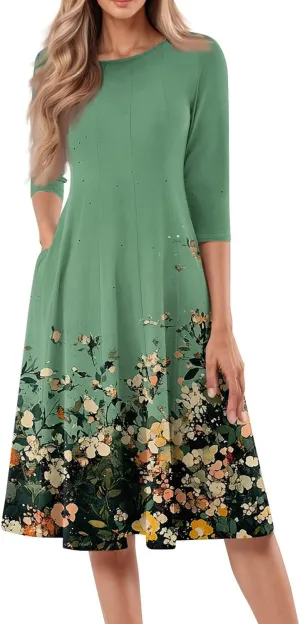 Women Spring Dresses Crewneck 3/4 Sleeve Midi Dresses Floral A Line Dress Summer Flowy Beach Dress with Pocket
