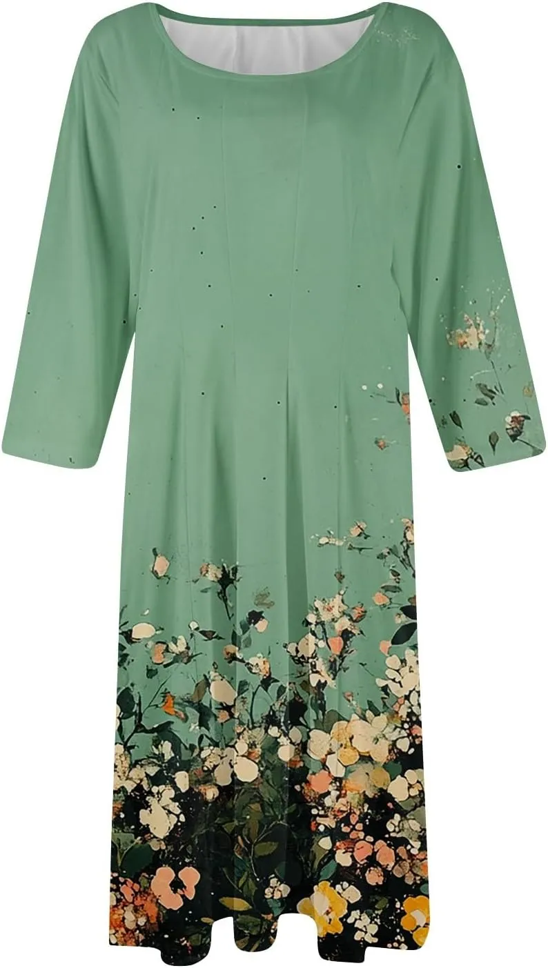 Women Spring Dresses Crewneck 3/4 Sleeve Midi Dresses Floral A Line Dress Summer Flowy Beach Dress with Pocket