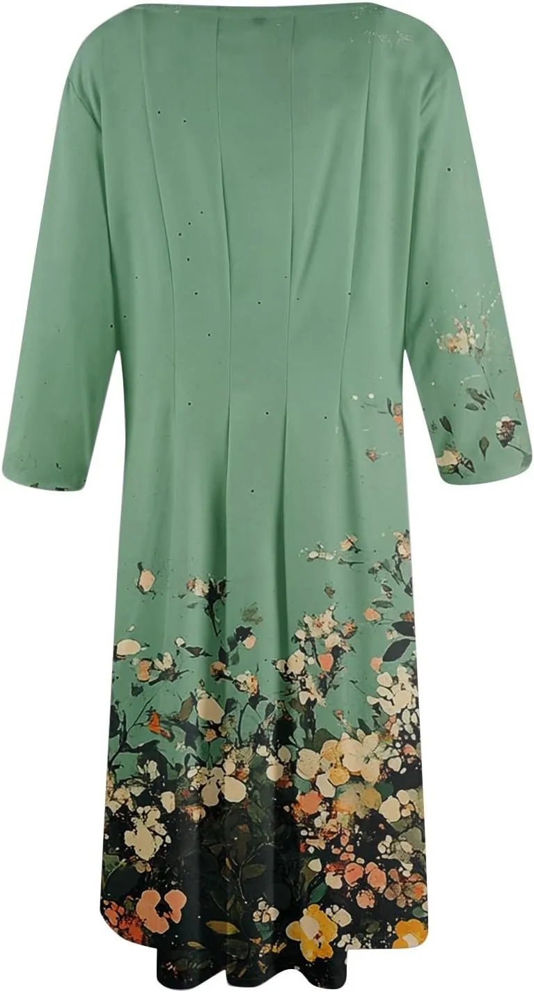 Women Spring Dresses Crewneck 3/4 Sleeve Midi Dresses Floral A Line Dress Summer Flowy Beach Dress with Pocket