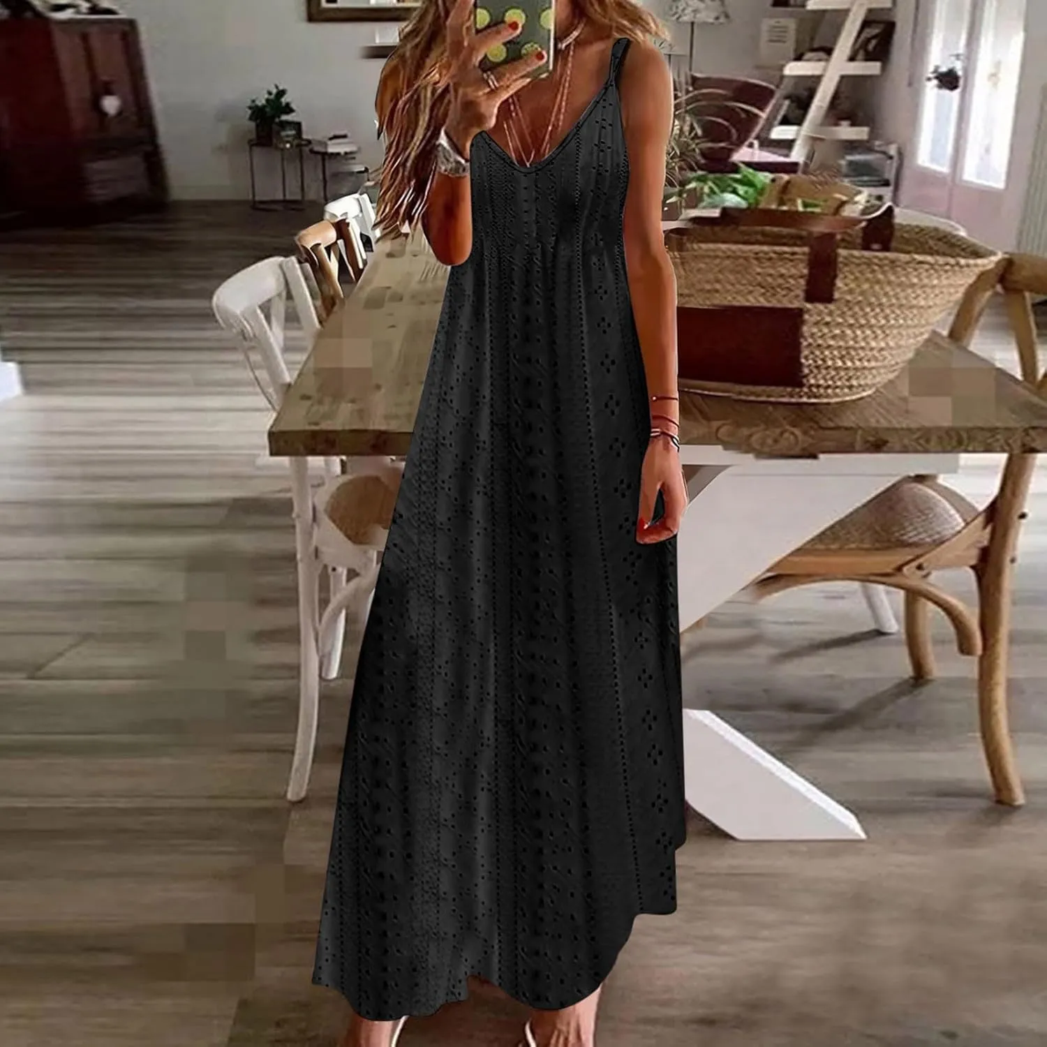 Women Summer 2025 Maxi Dresses Vacation Hollow Out Spaghetti Strap Sundress V Neck Ankle Length Ladies Dress