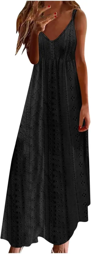 Women Summer 2025 Maxi Dresses Vacation Hollow Out Spaghetti Strap Sundress V Neck Ankle Length Ladies Dress