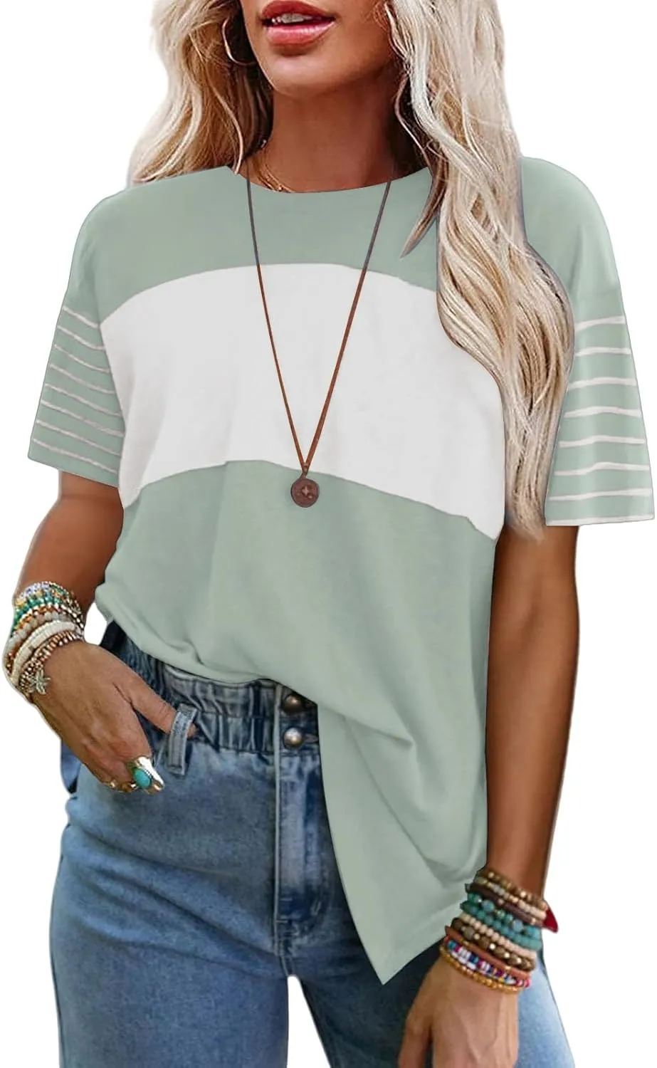 Women Summer Casual Shirts Short Sleeve Striped Loose Crewneck Color Block Tops Vacation Trendy Tshirts Tee Blouses
