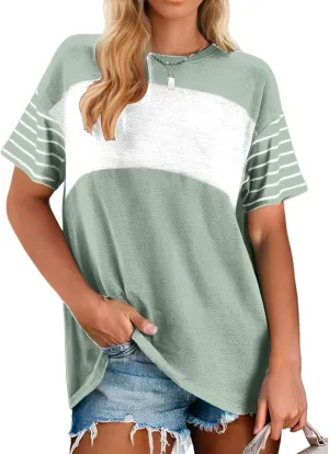 Women Summer Casual Shirts Short Sleeve Striped Loose Crewneck Color Block Tops Vacation Trendy Tshirts Tee Blouses