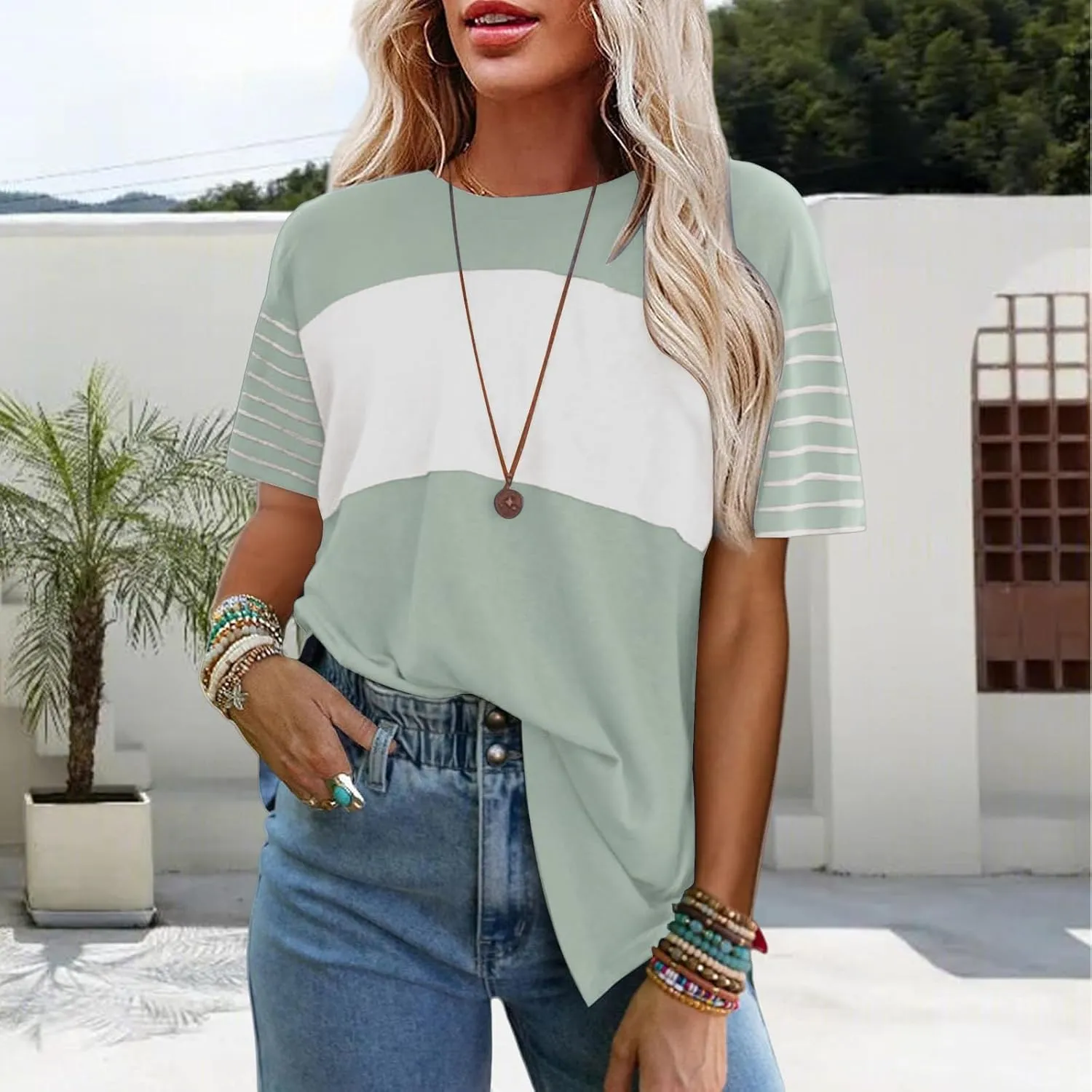 Women Summer Casual Shirts Short Sleeve Striped Loose Crewneck Color Block Tops Vacation Trendy Tshirts Tee Blouses
