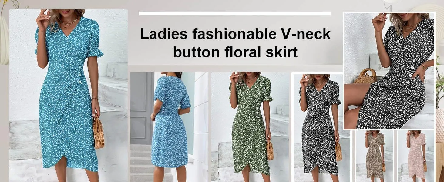 Women Summer Dress Puff Sleeve Crossed Hemline Casual V Neck Wrap Waist Dress Vintage Elegant Polka Dot Sundress