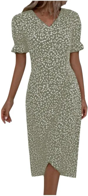 Women Summer Dress Puff Sleeve Crossed Hemline Casual V Neck Wrap Waist Dress Vintage Elegant Polka Dot Sundress