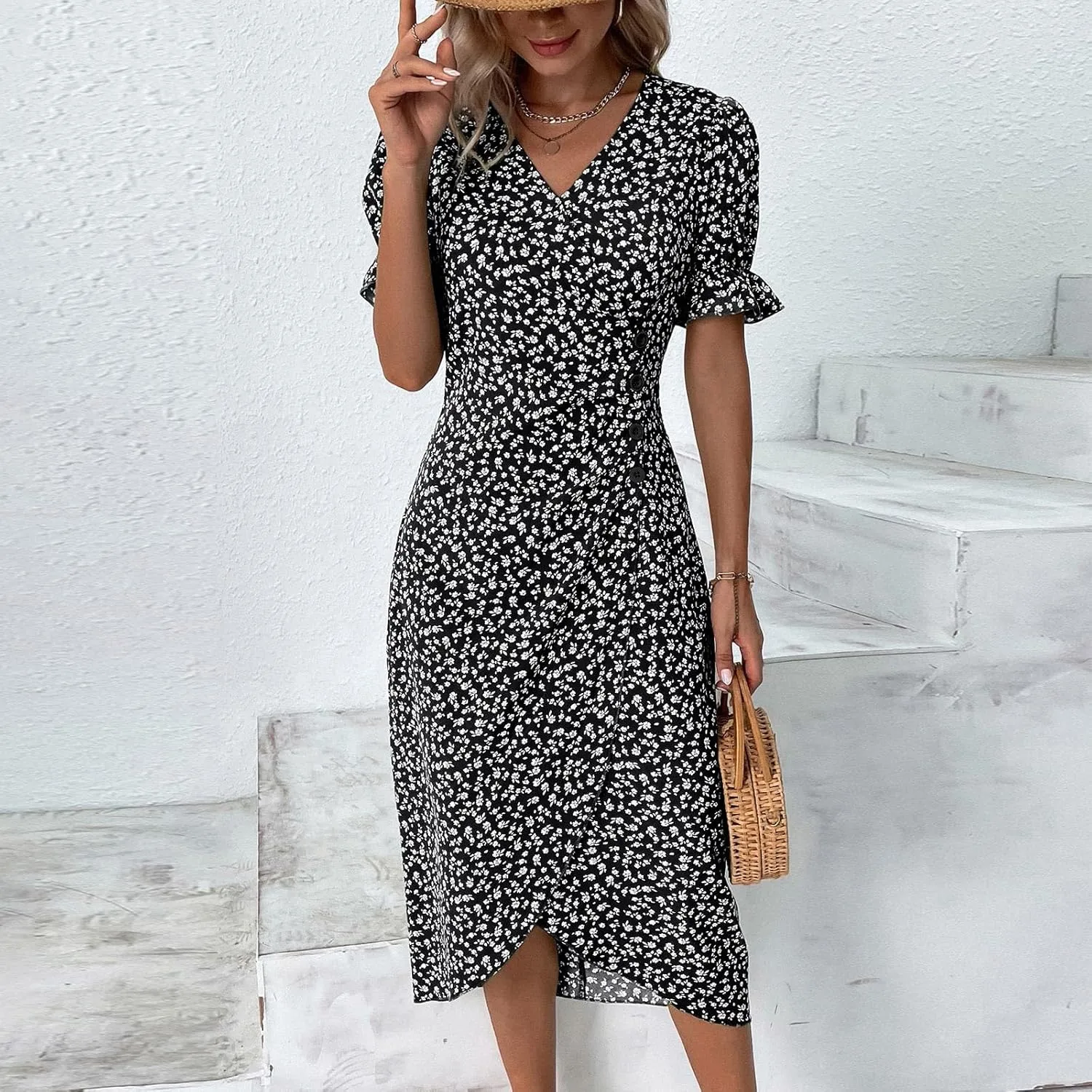 Women Summer Dress Puff Sleeve Crossed Hemline Casual V Neck Wrap Waist Dress Vintage Elegant Polka Dot Sundress