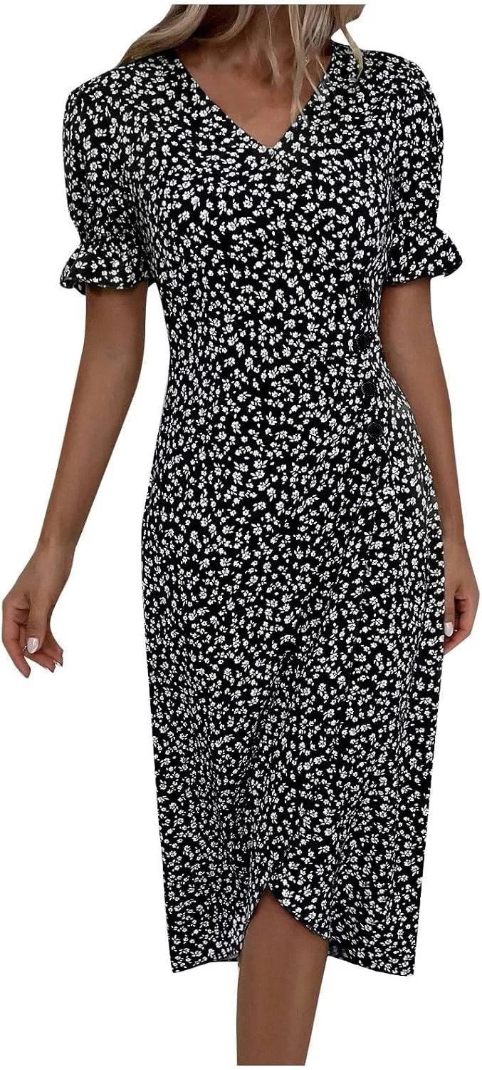 Women Summer Dress Puff Sleeve Crossed Hemline Casual V Neck Wrap Waist Dress Vintage Elegant Polka Dot Sundress