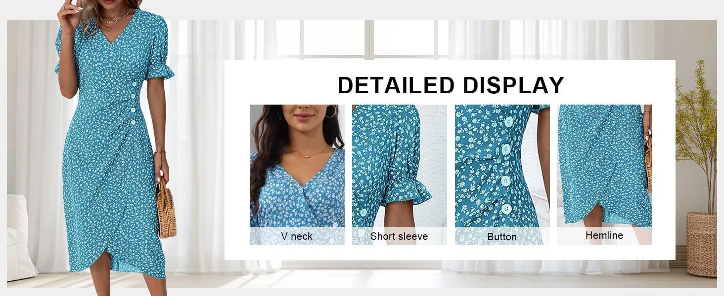 Women Summer Dress Puff Sleeve Crossed Hemline Casual V Neck Wrap Waist Dress Vintage Elegant Polka Dot Sundress