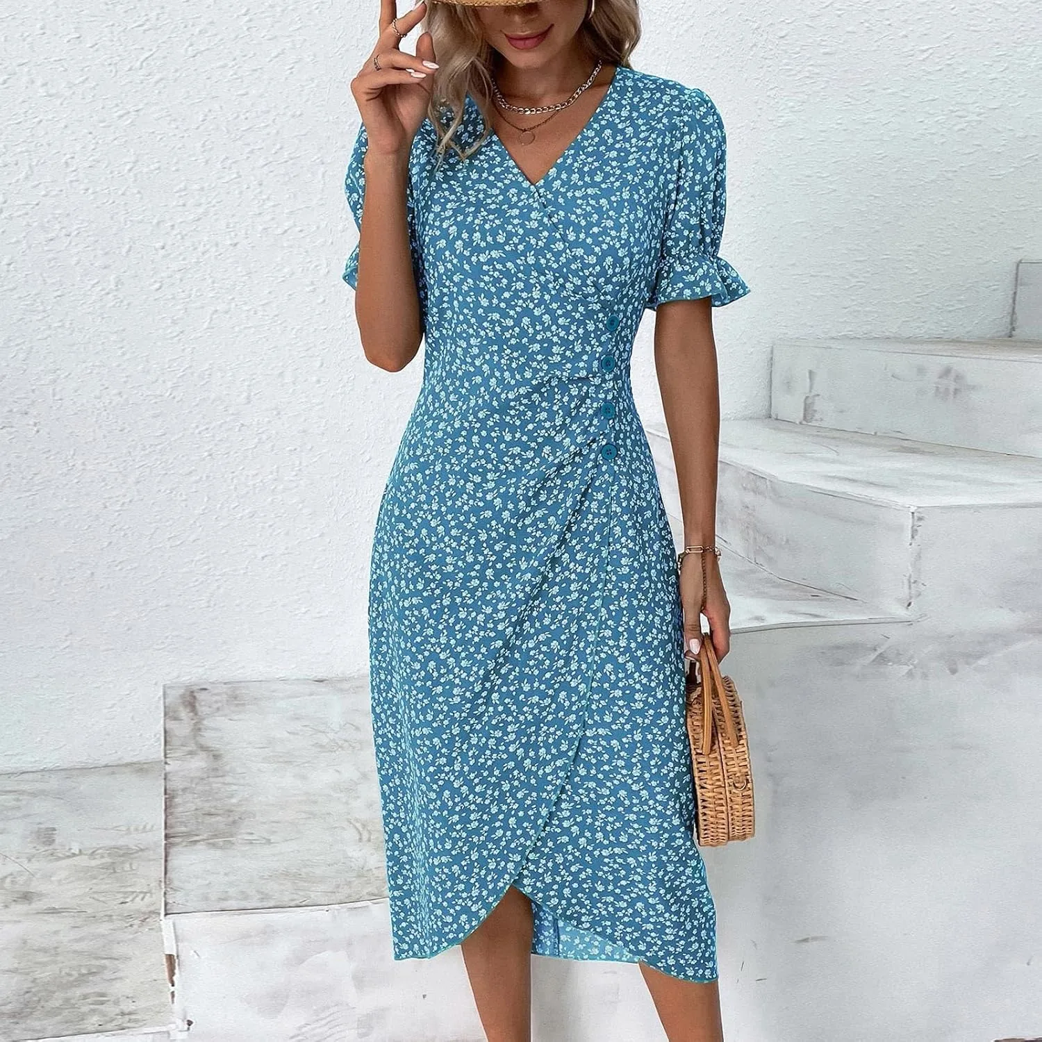 Women Summer Dress Puff Sleeve Crossed Hemline Casual V Neck Wrap Waist Dress Vintage Elegant Polka Dot Sundress