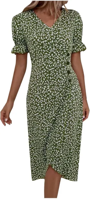 Women Summer Dress Puff Sleeve Crossed Hemline Casual V Neck Wrap Waist Dress Vintage Elegant Polka Dot Sundress