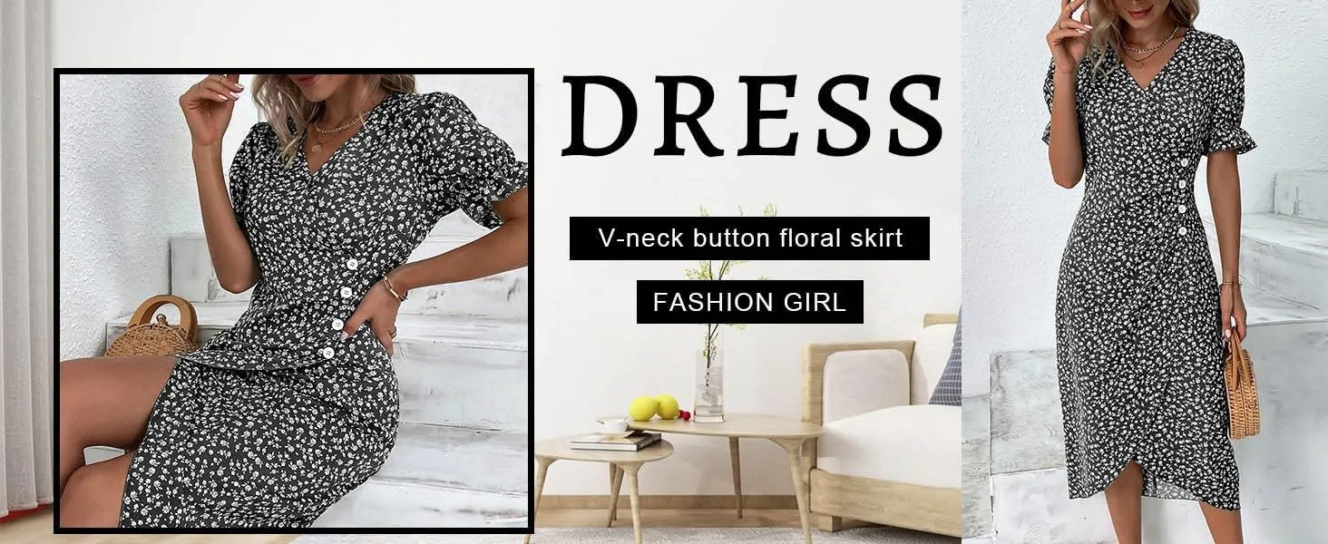 Women Summer Dress Puff Sleeve Crossed Hemline Casual V Neck Wrap Waist Dress Vintage Elegant Polka Dot Sundress