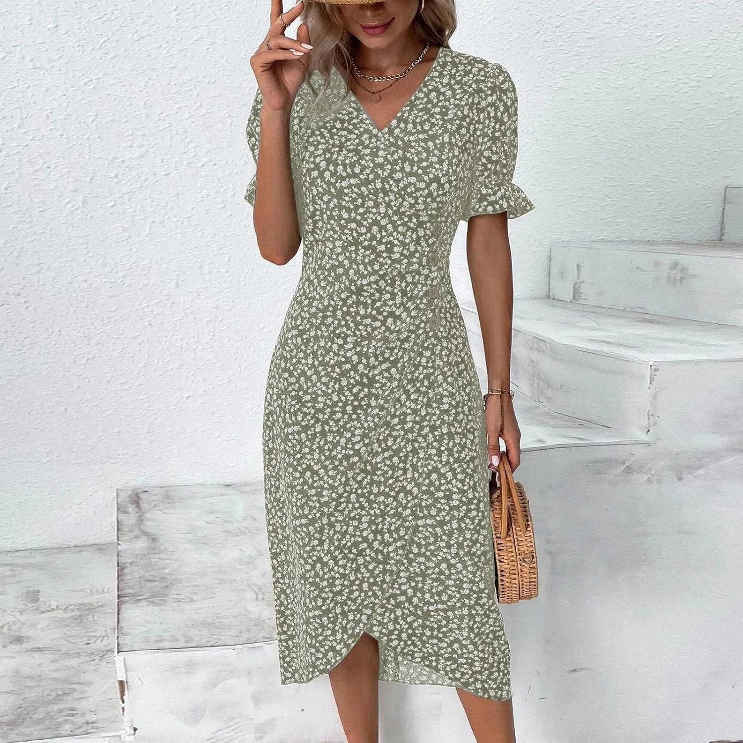 Women Summer Dress Puff Sleeve Crossed Hemline Casual V Neck Wrap Waist Dress Vintage Elegant Polka Dot Sundress