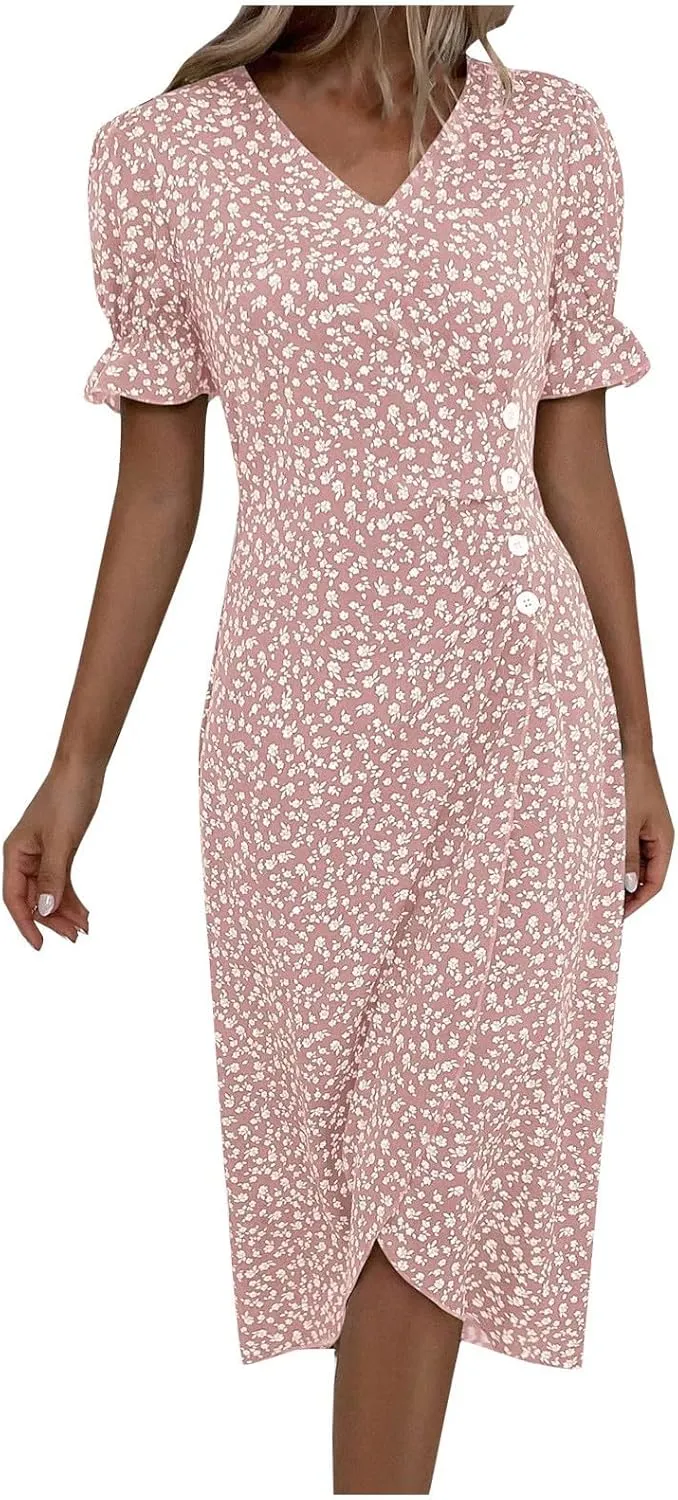 Women Summer Dress Puff Sleeve Crossed Hemline Casual V Neck Wrap Waist Dress Vintage Elegant Polka Dot Sundress