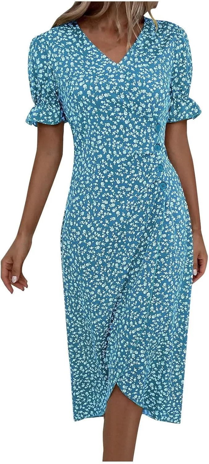 Women Summer Dress Puff Sleeve Crossed Hemline Casual V Neck Wrap Waist Dress Vintage Elegant Polka Dot Sundress