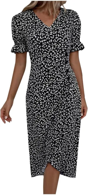 Women Summer Dress Puff Sleeve Crossed Hemline Casual V Neck Wrap Waist Dress Vintage Elegant Polka Dot Sundress