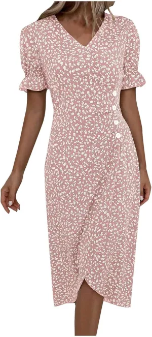 Women Summer Dress Puff Sleeve Crossed Hemline Casual V Neck Wrap Waist Dress Vintage Elegant Polka Dot Sundress