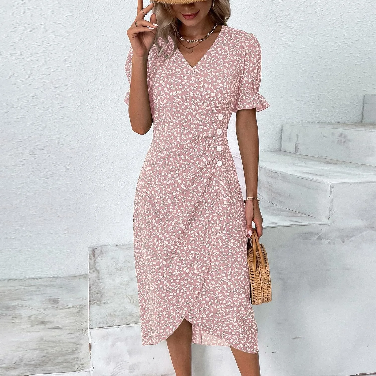 Women Summer Dress Puff Sleeve Crossed Hemline Casual V Neck Wrap Waist Dress Vintage Elegant Polka Dot Sundress