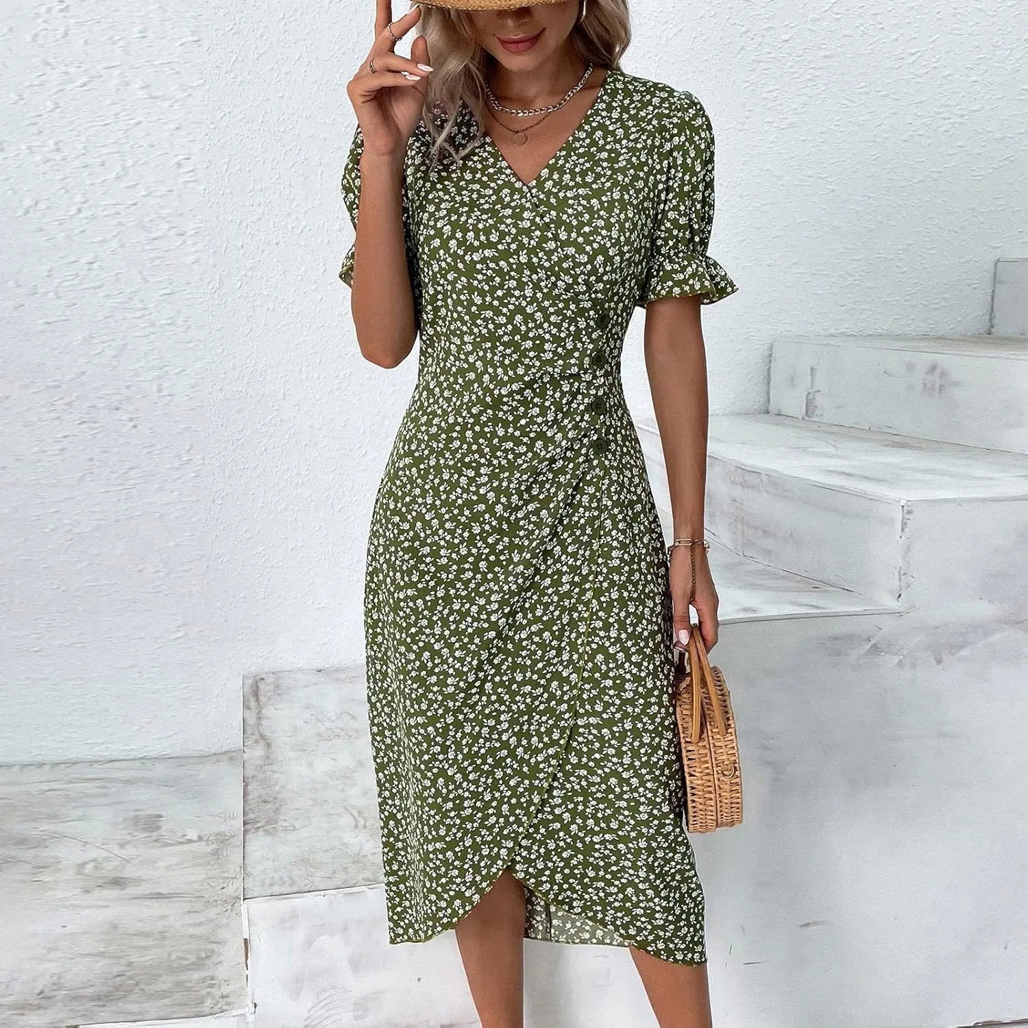 Women Summer Dress Puff Sleeve Crossed Hemline Casual V Neck Wrap Waist Dress Vintage Elegant Polka Dot Sundress