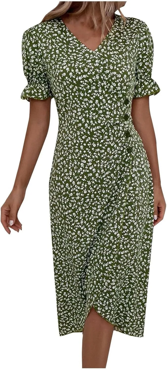 Women Summer Dress Puff Sleeve Crossed Hemline Casual V Neck Wrap Waist Dress Vintage Elegant Polka Dot Sundress