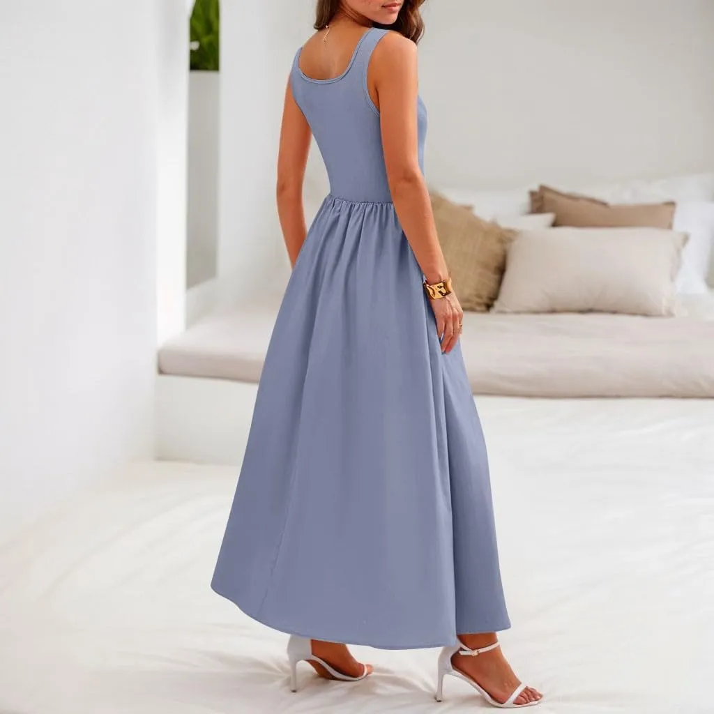 Women Summer Dresses Casual Sundresses Wrap Boho Dresses Tank Dress Sleeveless Business Midi A Line Dress with Pockets