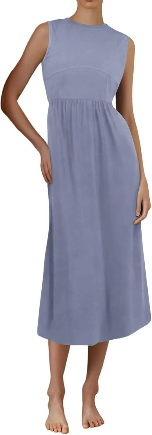 Women Summer Dresses Casual Sundresses Wrap Boho Dresses Tank Dress Sleeveless Business Midi A Line Dress with Pockets
