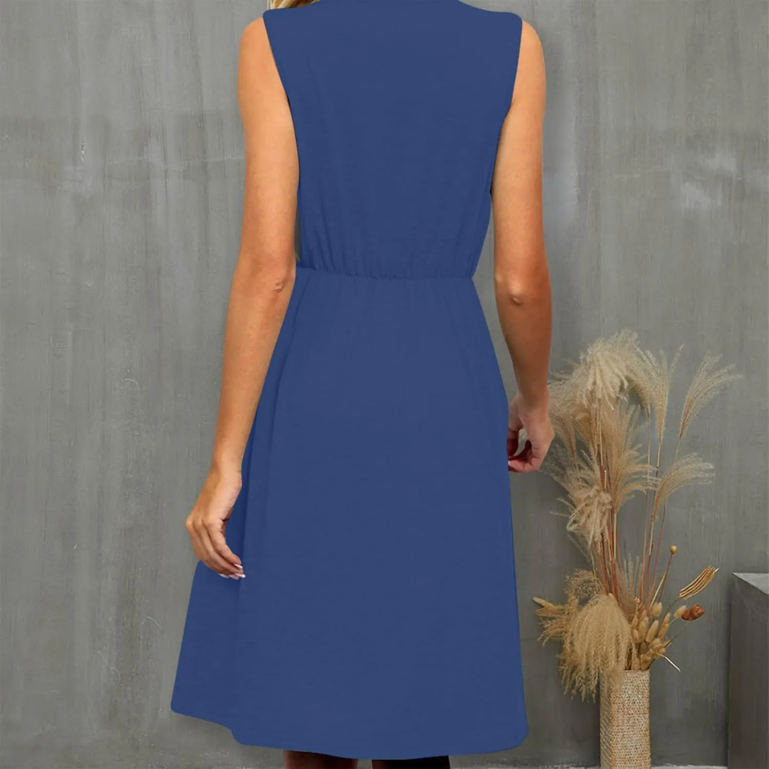 Women Summer Dresses Sleeveless Lace V Neck Empire Waist Dress Casual Loose Swing Elastic Waist Midi Dress Sundress