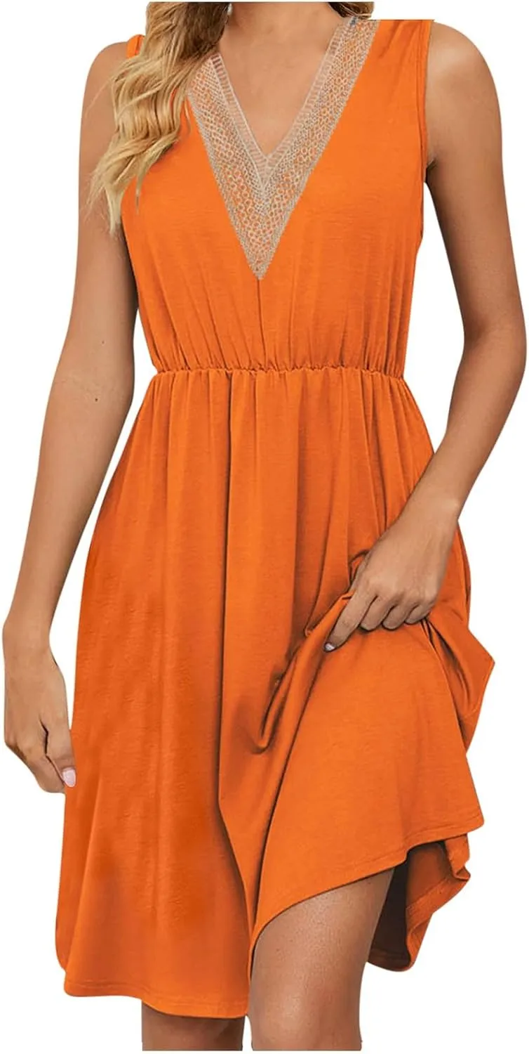 Women Summer Dresses Sleeveless Lace V Neck Empire Waist Dress Casual Loose Swing Elastic Waist Midi Dress Sundress