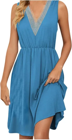 Women Summer Dresses Sleeveless Lace V Neck Empire Waist Dress Casual Loose Swing Elastic Waist Midi Dress Sundress