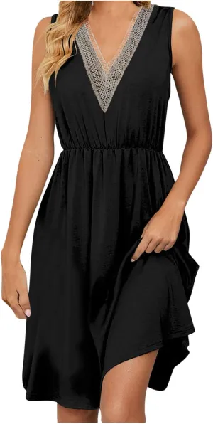 Women Summer Dresses Sleeveless Lace V Neck Empire Waist Dress Casual Loose Swing Elastic Waist Midi Dress Sundress