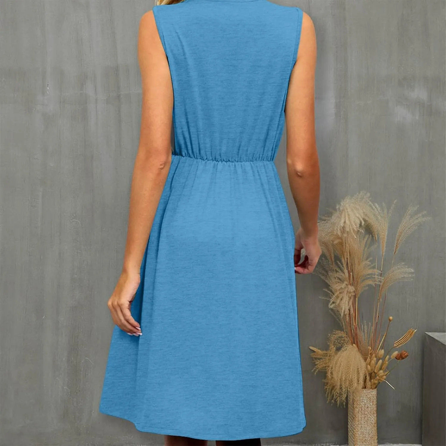 Women Summer Dresses Sleeveless Lace V Neck Empire Waist Dress Casual Loose Swing Elastic Waist Midi Dress Sundress