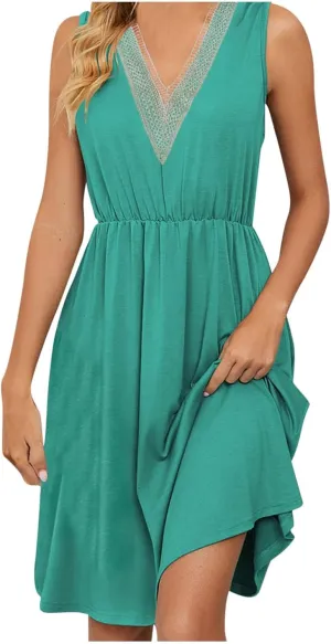 Women Summer Dresses Sleeveless Lace V Neck Empire Waist Dress Casual Loose Swing Elastic Waist Midi Dress Sundress
