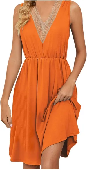 Women Summer Dresses Sleeveless Lace V Neck Empire Waist Dress Casual Loose Swing Elastic Waist Midi Dress Sundress
