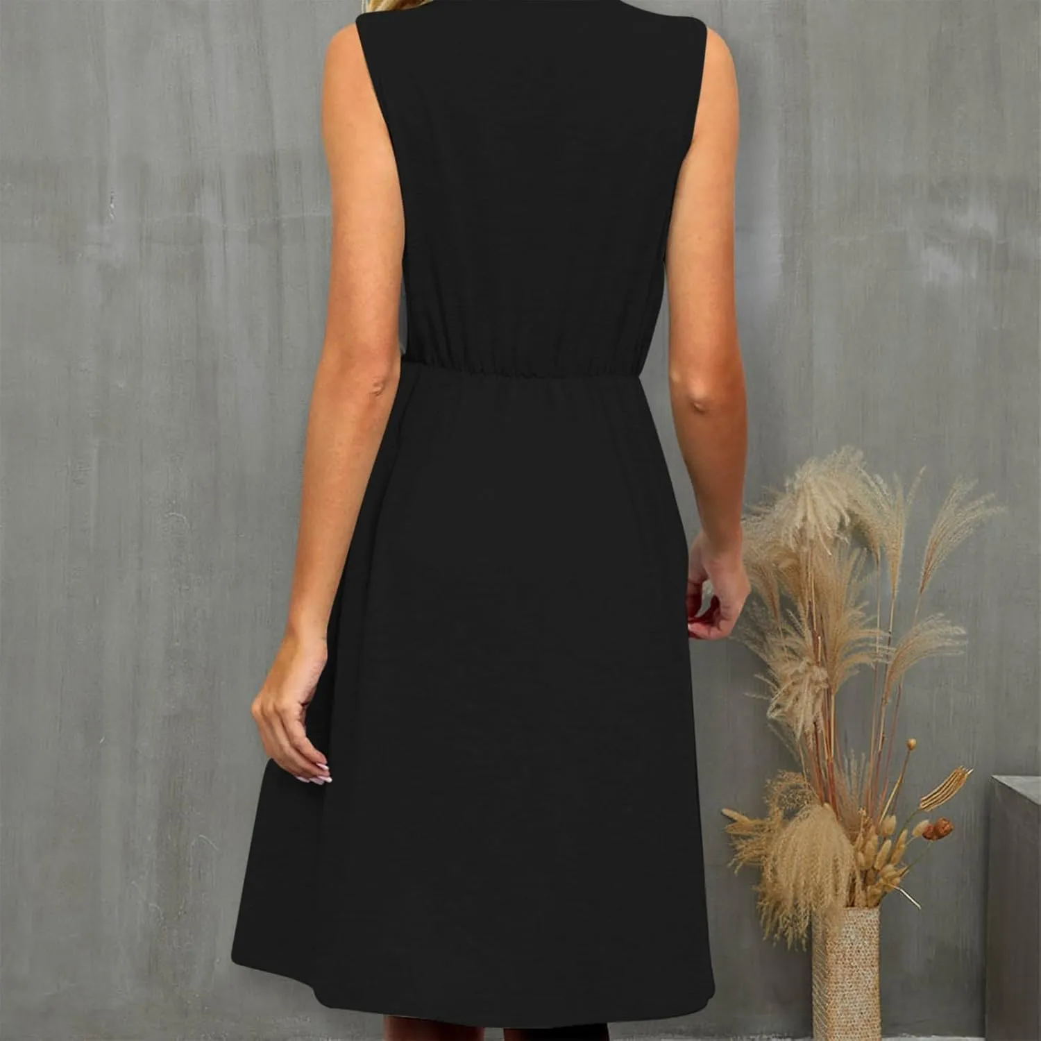 Women Summer Dresses Sleeveless Lace V Neck Empire Waist Dress Casual Loose Swing Elastic Waist Midi Dress Sundress