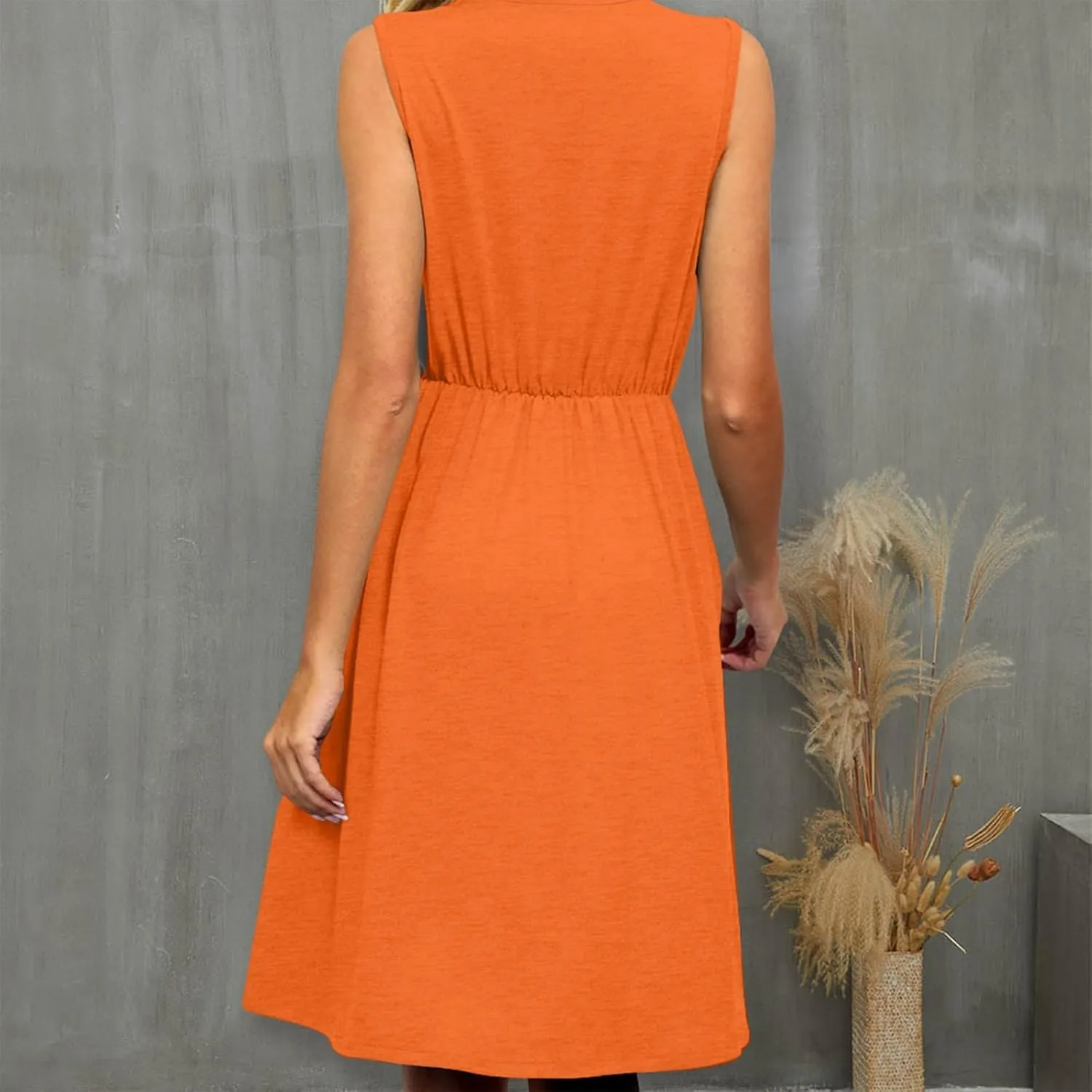 Women Summer Dresses Sleeveless Lace V Neck Empire Waist Dress Casual Loose Swing Elastic Waist Midi Dress Sundress