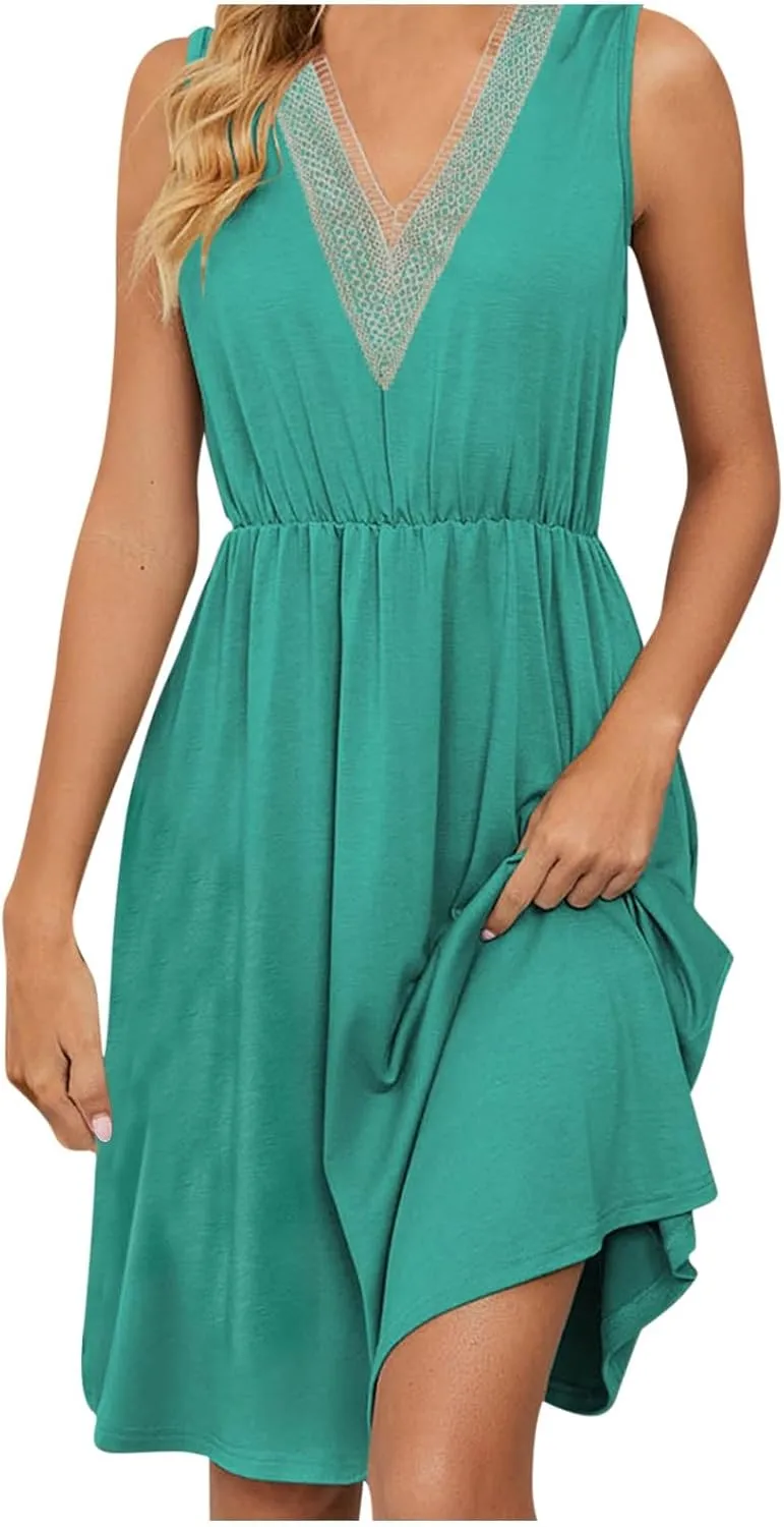 Women Summer Dresses Sleeveless Lace V Neck Empire Waist Dress Casual Loose Swing Elastic Waist Midi Dress Sundress