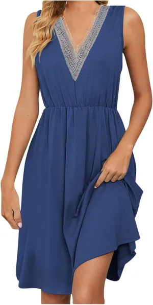 Women Summer Dresses Sleeveless Lace V Neck Empire Waist Dress Casual Loose Swing Elastic Waist Midi Dress Sundress