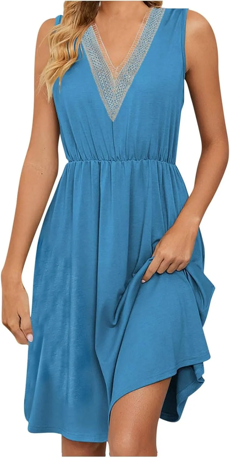 Women Summer Dresses Sleeveless Lace V Neck Empire Waist Dress Casual Loose Swing Elastic Waist Midi Dress Sundress