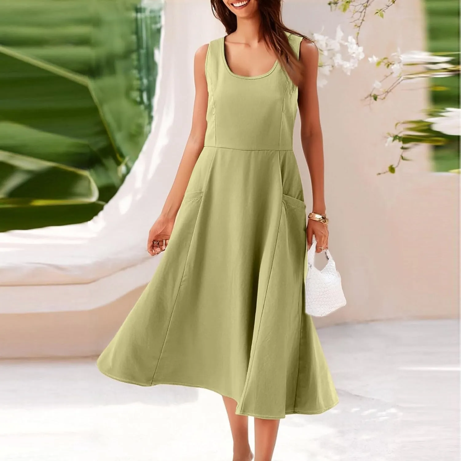 Women Summer Dresses Spaghetti Strap Sleeveless Linen Overall Dress Casual A-Line Midi Long Beach Dress with Pocket