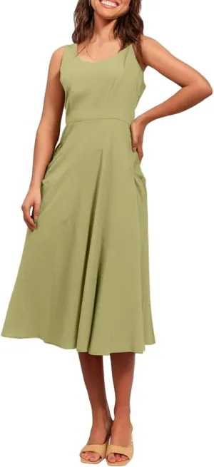 Women Summer Dresses Spaghetti Strap Sleeveless Linen Overall Dress Casual A-Line Midi Long Beach Dress with Pocket